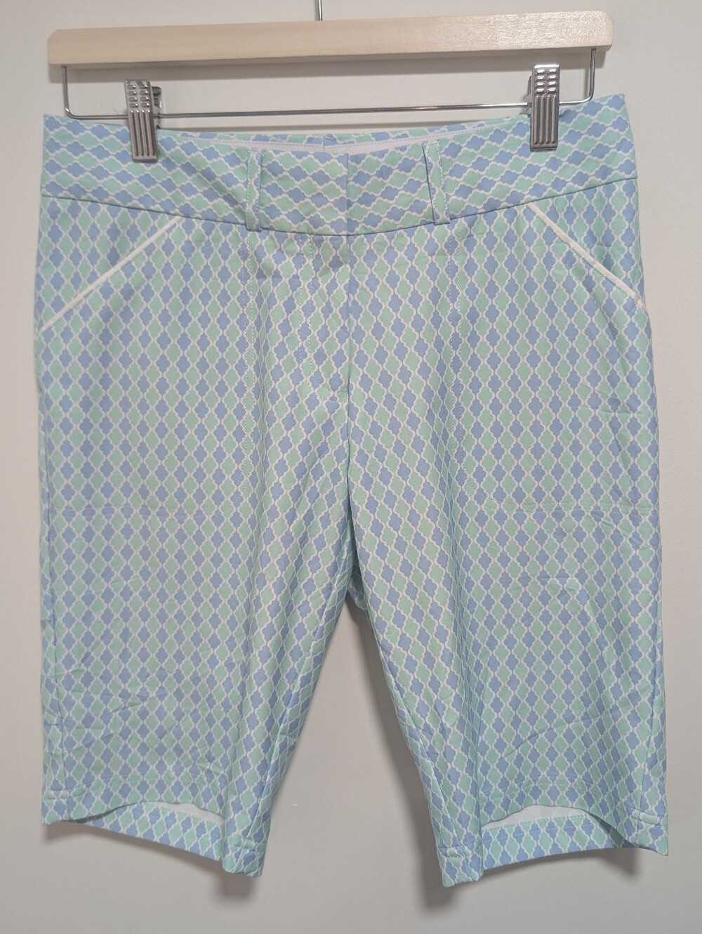 Peter Millar | Wicking Geometric Print Golf Bermuda Shorts In Blue Mint Green